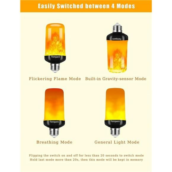 LED Flame Light Bulbs, 4 Modes Flickering Light Bulbs, E26/E27 Bulb(4 Pack) - Picture 3 of 6